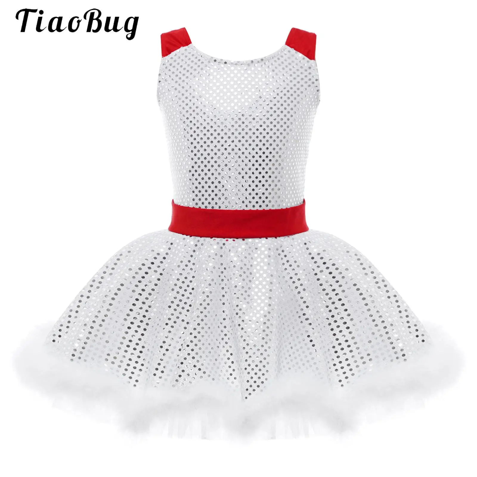 Kids Girls Sleeveless Sequins Ballet Tutu Dance Dress Christmas Party Miss Santa Claus Gymnastics Leotard Figure Skating Costume