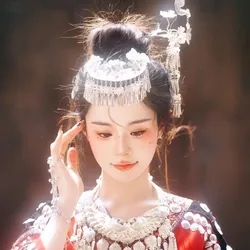 Miao Silvery Ethnic Style Butterfly Flower Bell Tassel Pendant Headwear Hair Pins Handmade Headdress Bohemian Jewelry Accessory
