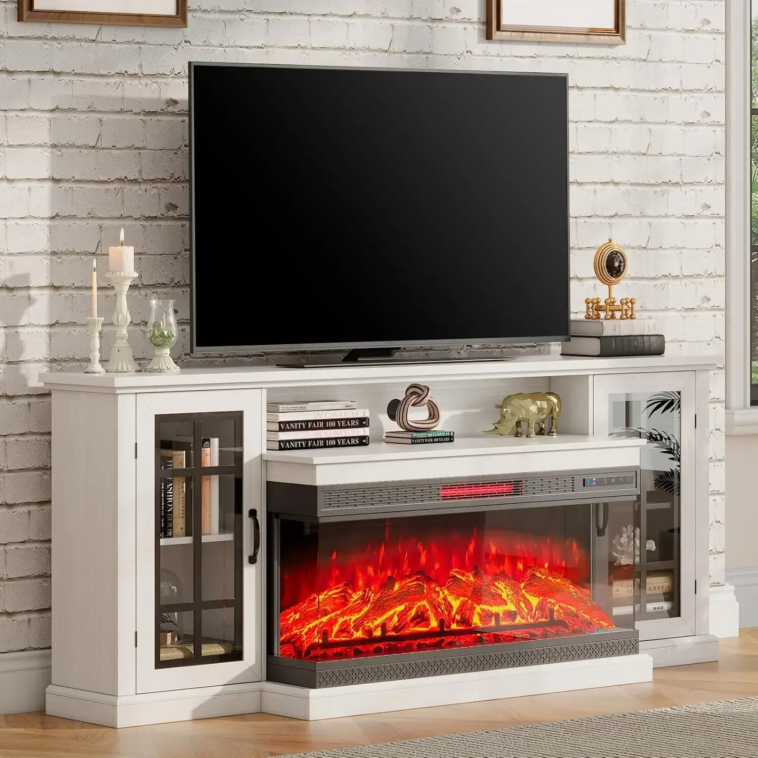 Soporte para TV con chimenea de vidrio de 3 caras de 75 pulgadas para televisores de hasta 85", mesa consola central de entretenimiento multimedia rústica, blanco desgastado