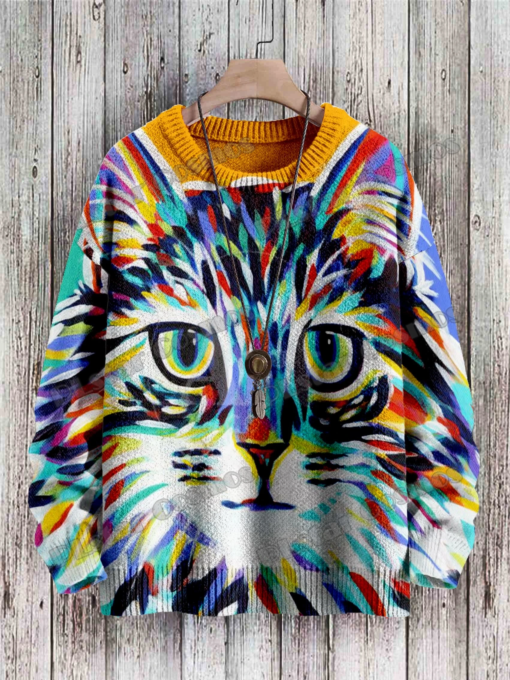 PLstar Cosmos Retro Fashion Cat Pattern 3D Printed Men's Knitted Pullover Winter Unisex Casual Knit Pullover Sweater ZZM109