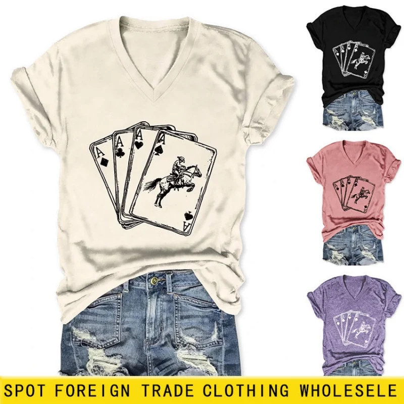 

Модная и универсальная женская футболка с V-образным вырезом и короткими рукавами, с принтом, летняя новинка, стройнящая, в американском стиле.