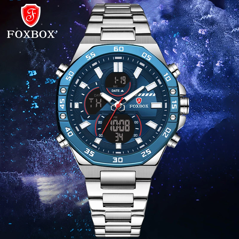 

Luxury Brand FOXBOX New Men Fashion Sport Watches Men's Quartz Digital Analog Clock Man Full Steel Wrist Watch relogio masculino