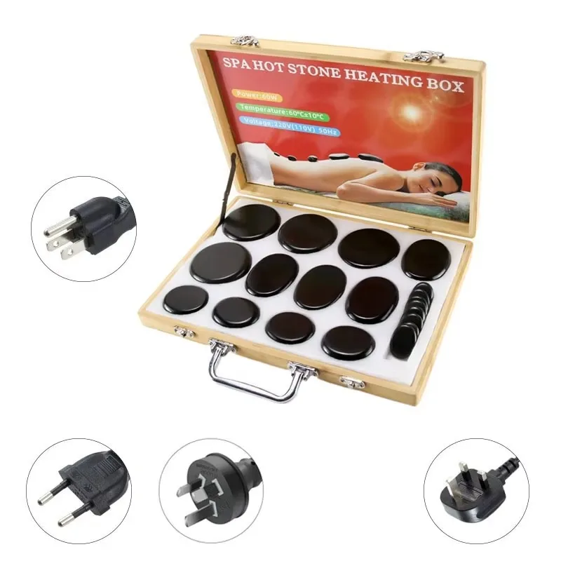 20 Pack Bamboo Box Hot Stones for Massage Set with Warmer Basalt Massaging Rocks for Spa Warming Therapy Massage