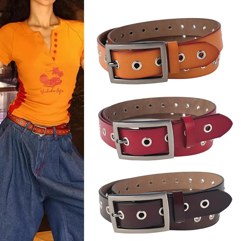 Punk Hollow-out Rivets Women's Belt Genuine Cowhide Korean Style Versatile Extended Fashion Belt