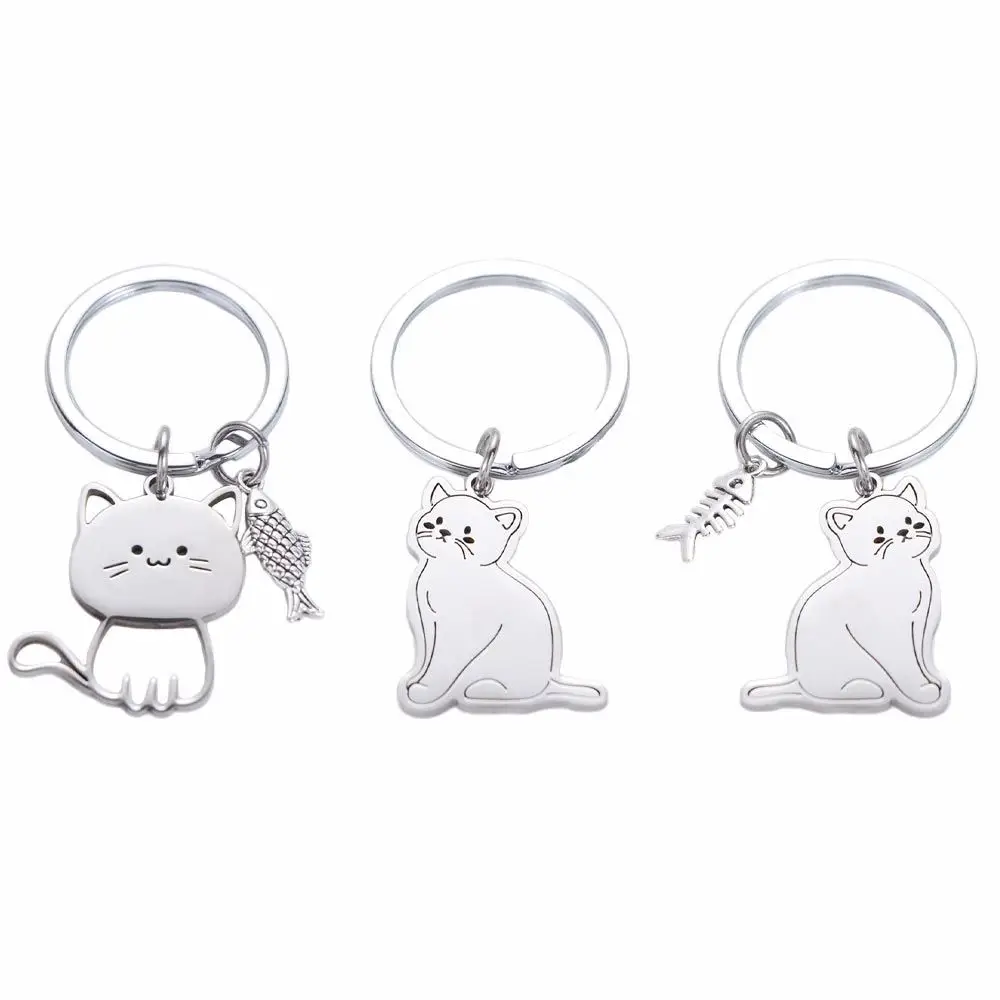 

Funny Stainless Steel Cat Fish Keychain Key Holder Pendant Cat Key Ring Cartoon Animal Kittens Keychain Bag Charm
