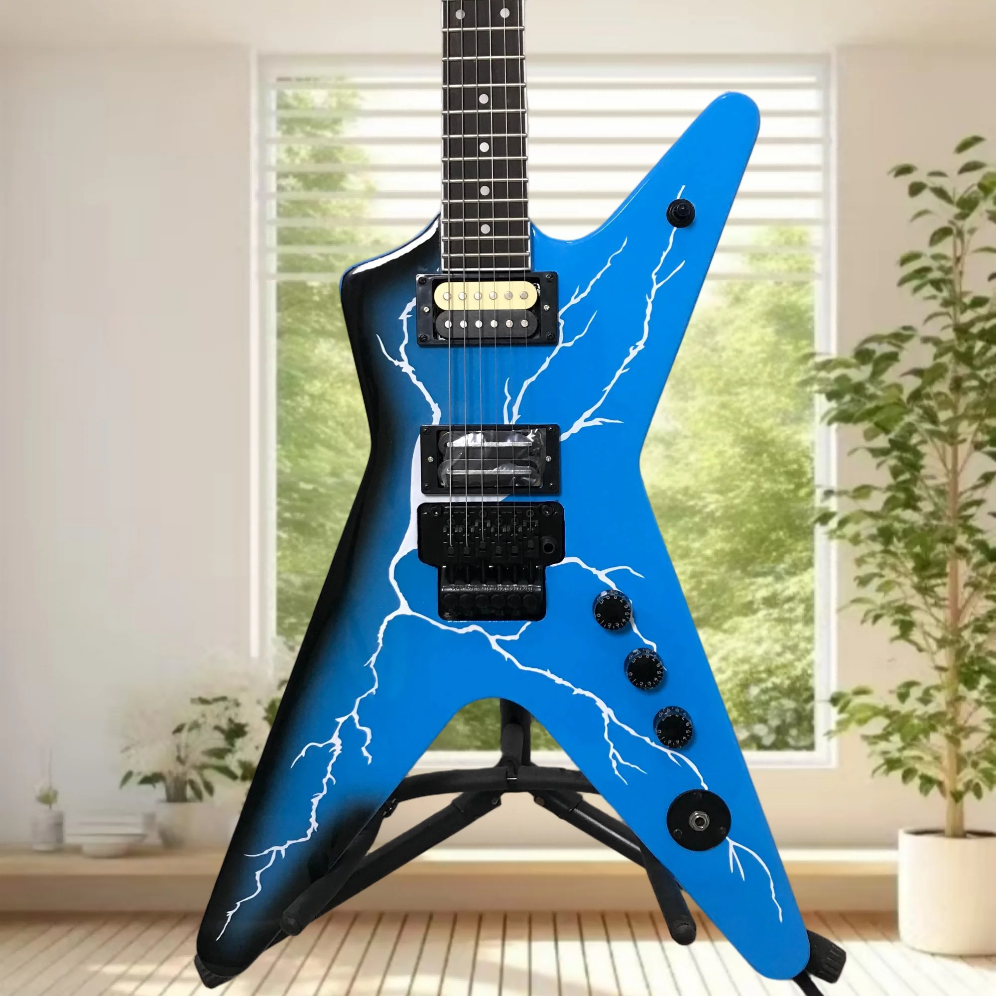 Blue Lightning V Style Electric Guitar HH Pickups Mahogany Body Rosewood Neck Surf Rock Indie Free Delivery