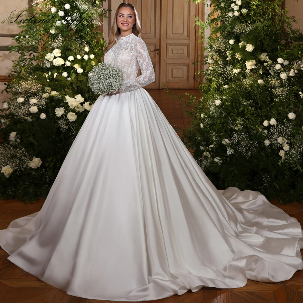 Lceland Poppy Customized Women's Ball Gown O-Neck Beaded Lace Wedding Dresses Full Sleeves Satin Bridal Gowns with Chapel Train