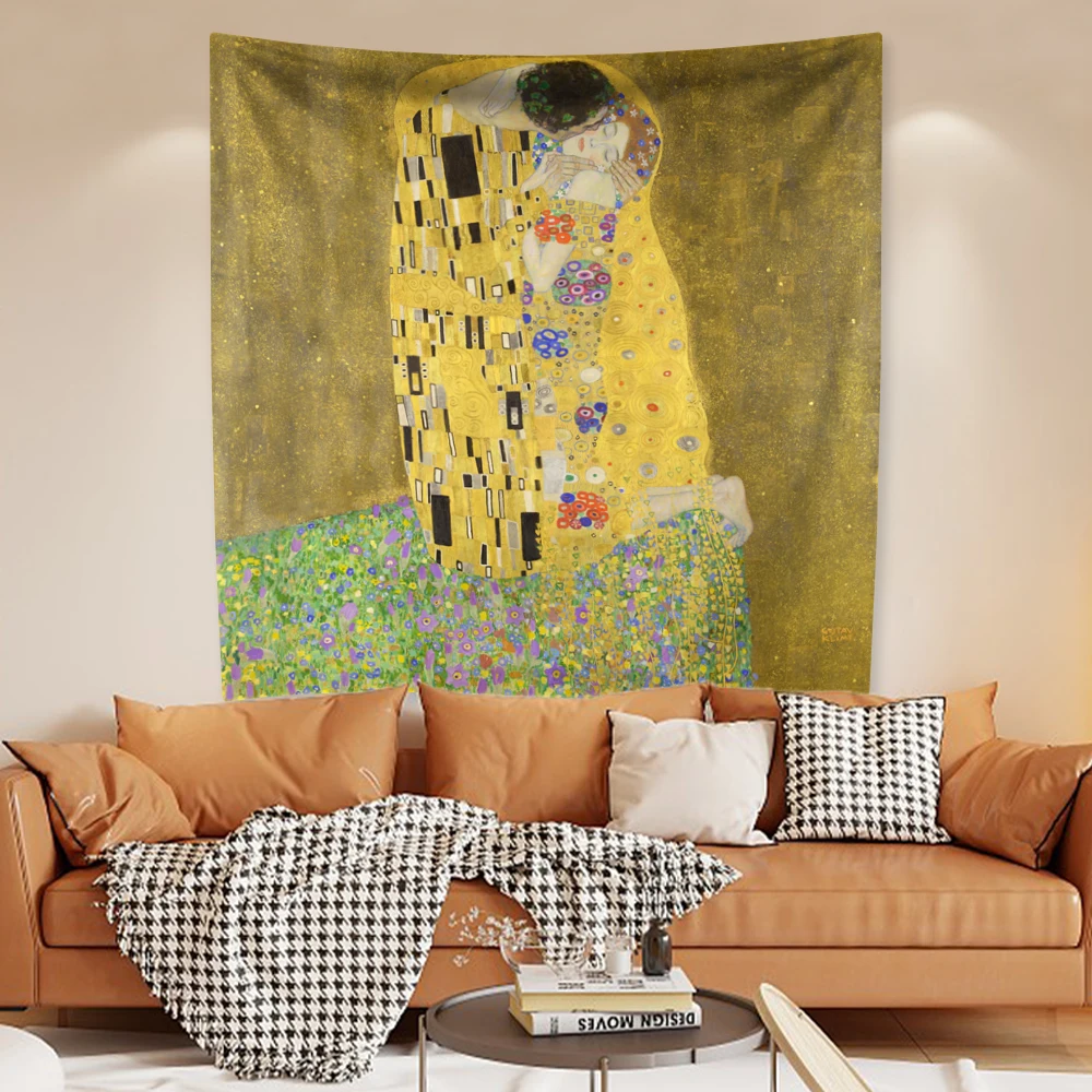 

The Kiss Gustav Klimt Home Decor Aesthetic Painting Of Famous Artists Tapestry Wall Hanging Living Room Backdrop Sofa Blanket