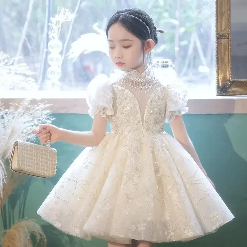 2023 Children Pageant Gown Champagne Kids Dresses for 2-12T Girls Dress for Party Wedding Sequins Baby Girl Princess Tutu Dress