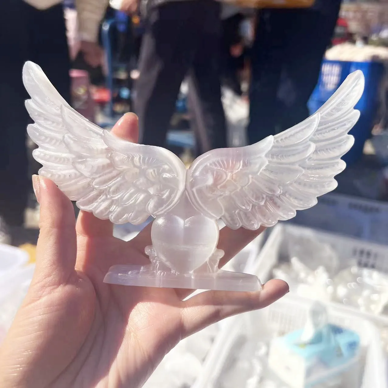 Natural Crystal Carving Feather Statue White Selenite Angel Wings Crafts Gypsum Home Decoration