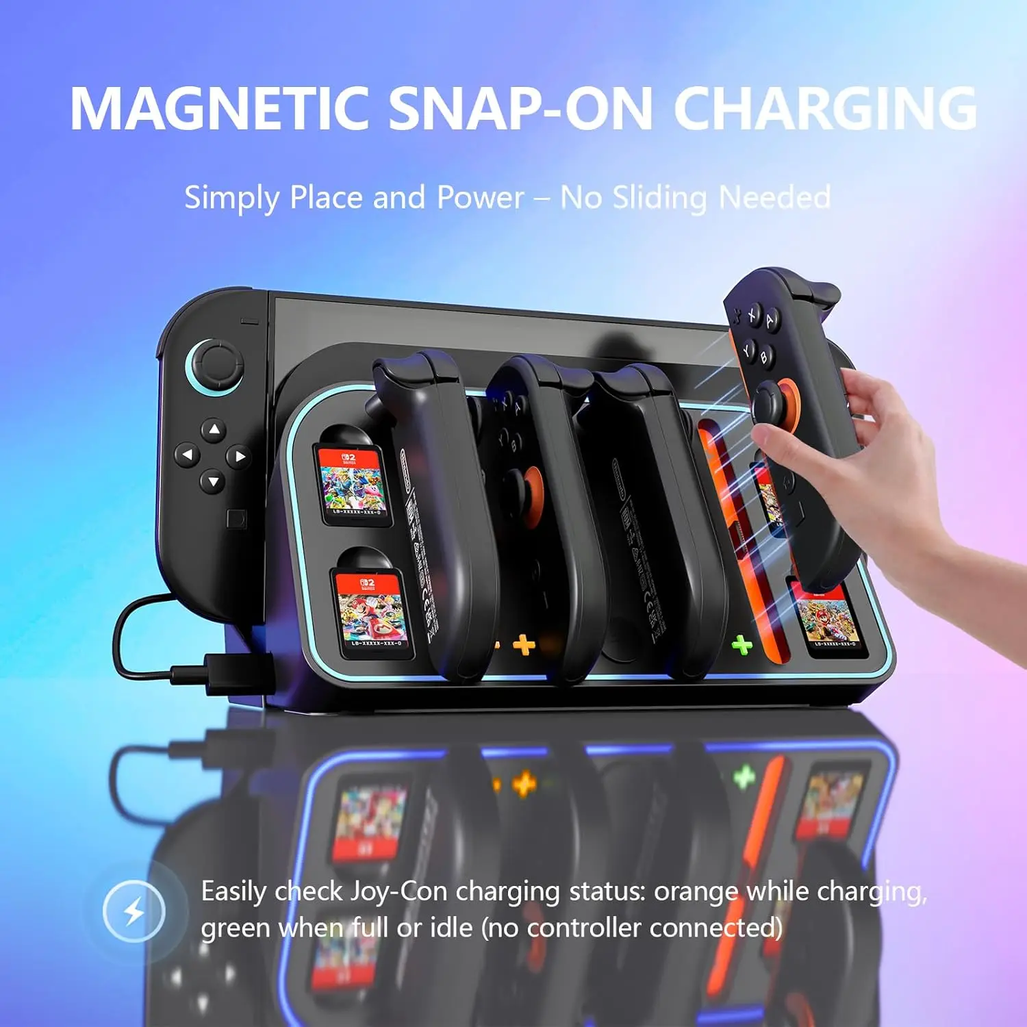 قاعدة شحن مثبتة على الحائط لجهاز نينتندو سويتش 2 2025 - مع محطة شاحن Joy Con المغناطيسية RGB مع 4 حامل تخزين لبطاقات الألعاب