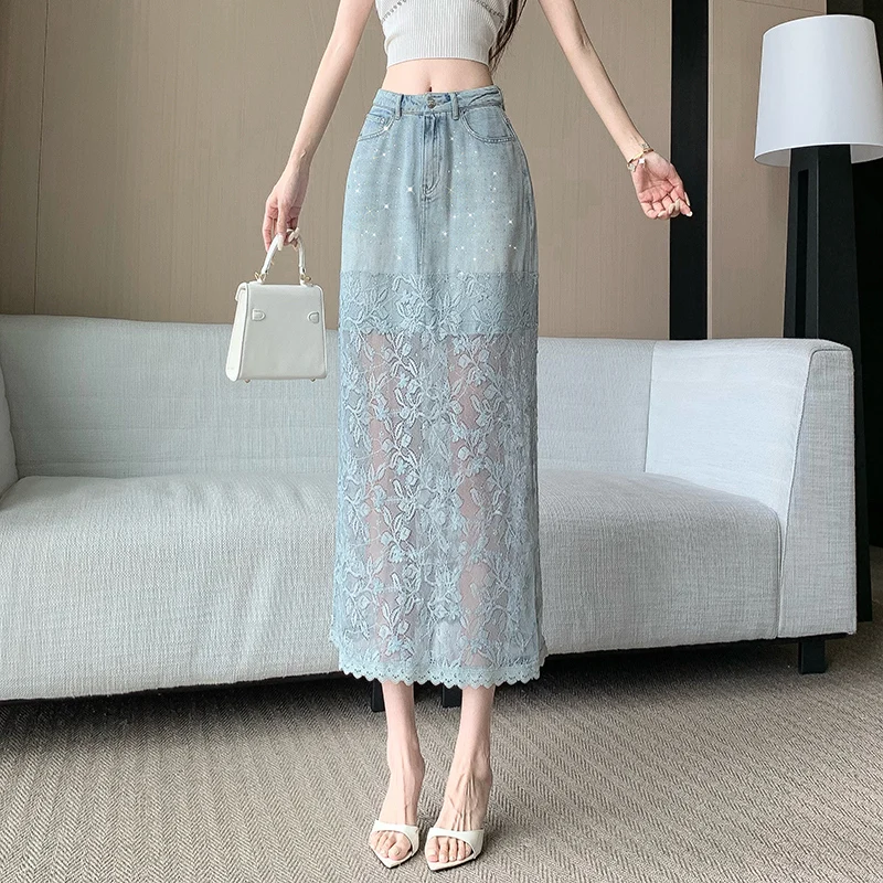

New High Quality Lace Patchwork denim skirt Women Summer High Waist Split Fashion Casual A-line Split Midi Jeans Skirts Harajuku