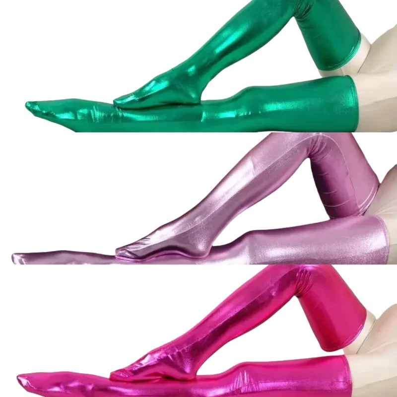 Green shiny metallic sexy thigh high socks fetish unisex zentai suit classic halloween costumes