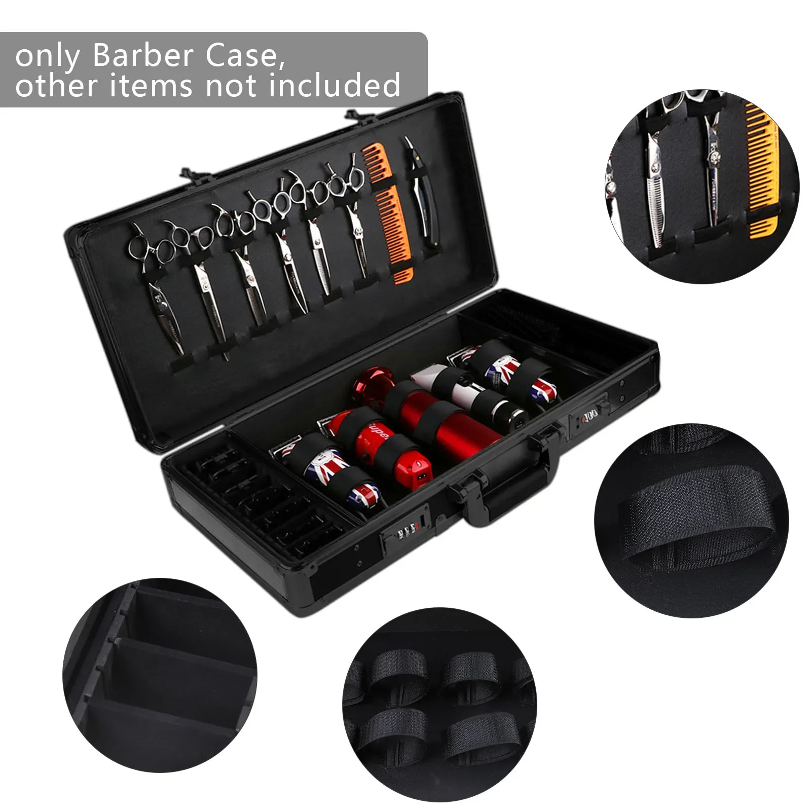 Reise-Stylist, Friseur-Werkzeugkasten, Organizer-Box, Clipper, Trimmer, Scherklinge, kompakter Friseurkoffer mit Aluminiumrahmen – Detail 4