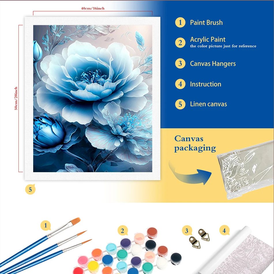 RUOPOTY Painting on Numbers Blue Rose Flower Digital Painting Oil Picture On Canvas By Numbers Acrylic Kits Coloring By Number