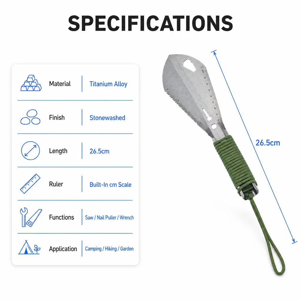 Pure Titanium Multifunction Small Hand Shovel Camping Portable Digging Shovel Stone Wash Camping Gear Camping Hiking Travel Kit