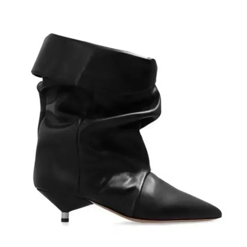 Autumn and Winter New Women\'s Thin Heel Short Boots Fashion Pointed Wide Tube Low Heel Wrinkled Women\'s 34-44 Large Ankle Boots