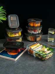 Rectangular Glass Lunch Box Microwave Heating Special Lunch Box Lunch Box with Lid Fresh-keeping Box Round Household Tableware