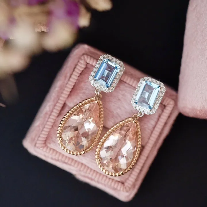 Ins العصرية 925 الفضة الزبرجد مورغانيتي دمعة الأذن قطرة استرخى 18K ارتفع الذهب بيان الوردي الأزرق القرط عالية غرامة مجوهرات