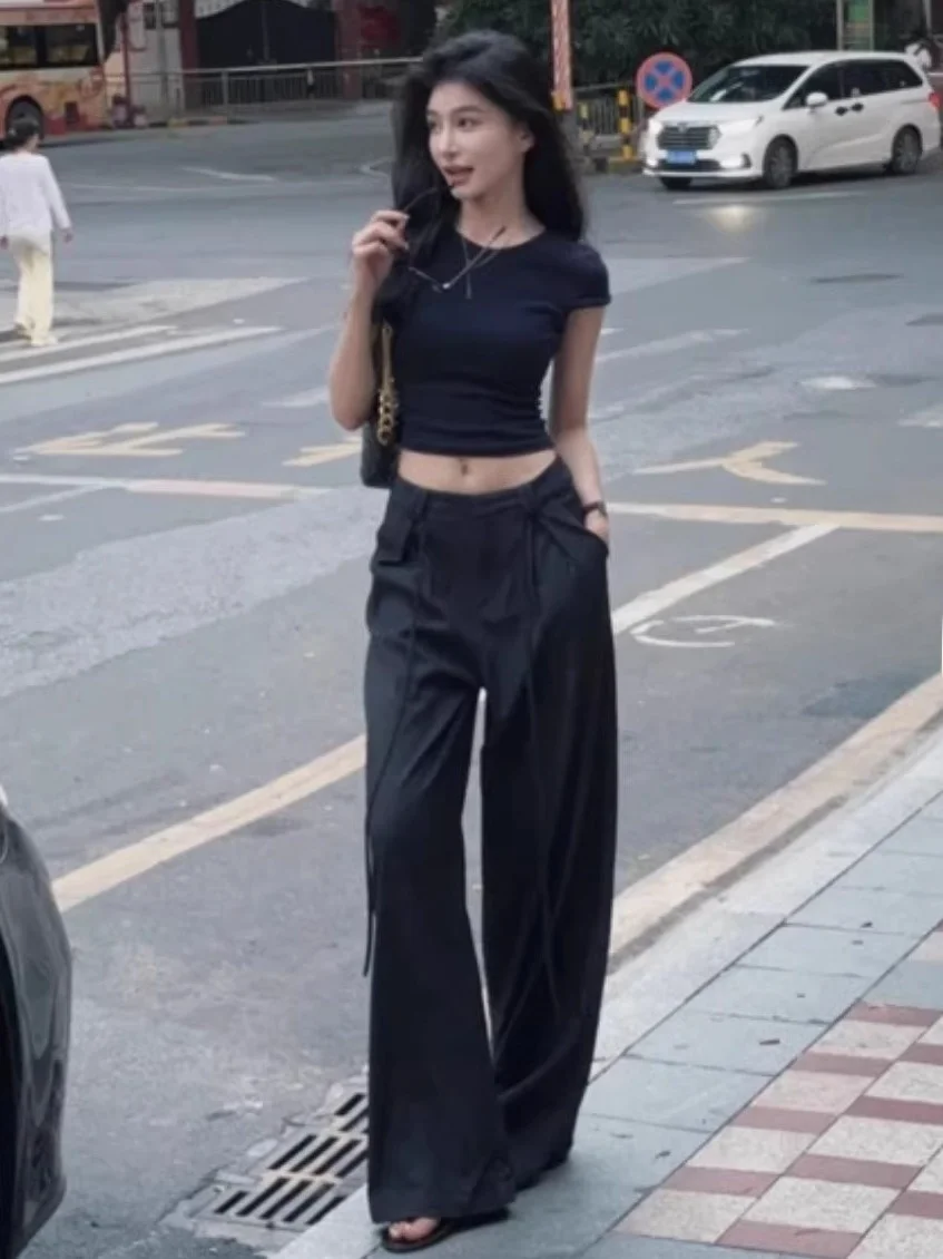 

Американский костюм с широкими штанинами, женские весенне-летние свободные утягивающие брюки с высокой талией, брюки длиной до пола