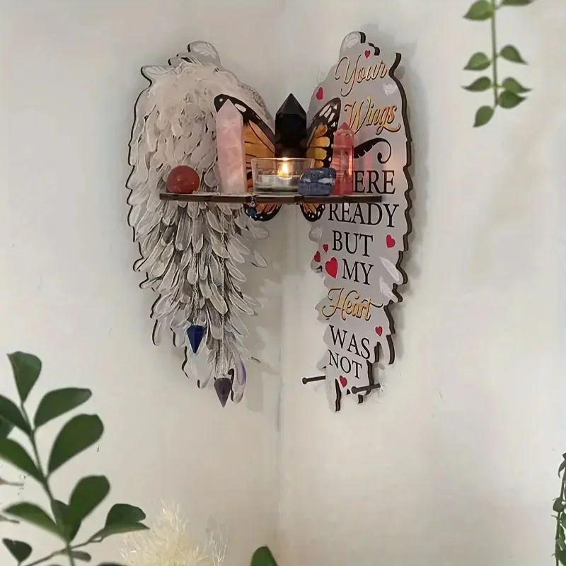 1PCS Boho Wood Angel Wing Wall Decoration Crystal Display Holder Moon Phase Floating Shelf Room Art Wall Hanging Home Decor Gift