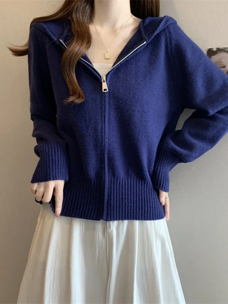 

Новый женский зимний вязаный кардиган-худи на молнии в корейском стиле, свободный крой, премиум-класс