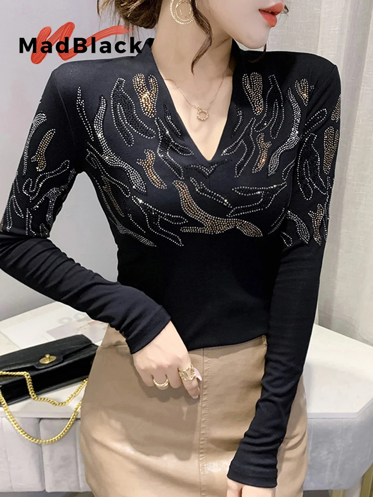 

MadBlack-женская европейская футболка, сексуальный V-образный вырез Hot Diamond, уличная тонкая сетчатая футболка с длинными рукавами S-3XL, новинка осени 2023 года T59862CC