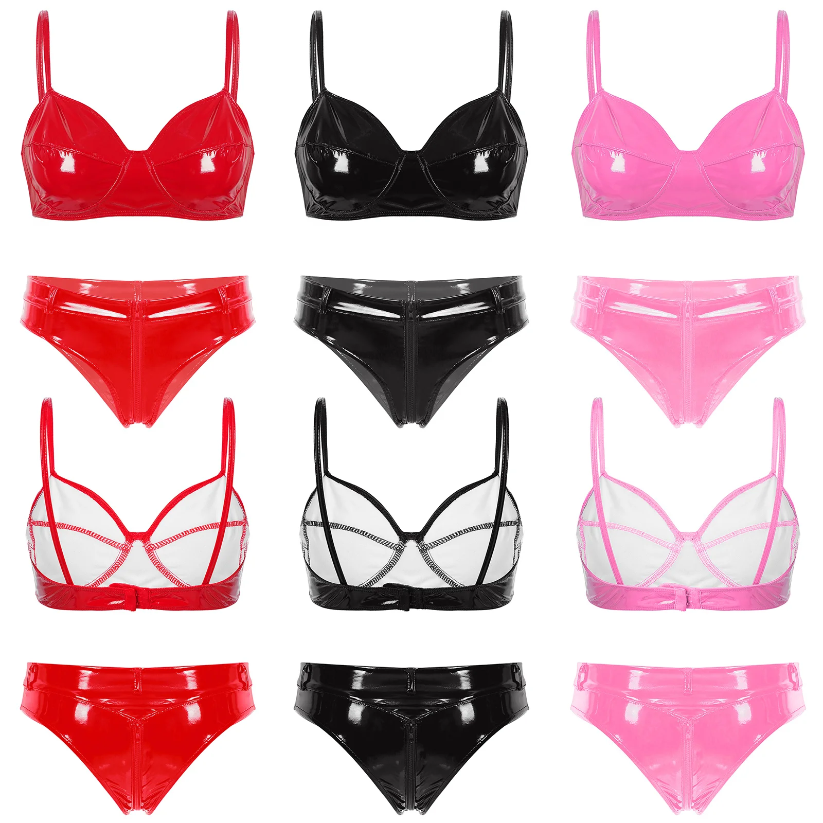 

Женский комплект нижнего белья из искусственной кожи с эффектом мокрой кожи: топ-бюстгальтер на тонких бретелях без косточек и трусики с низкой посадкой на молнии.