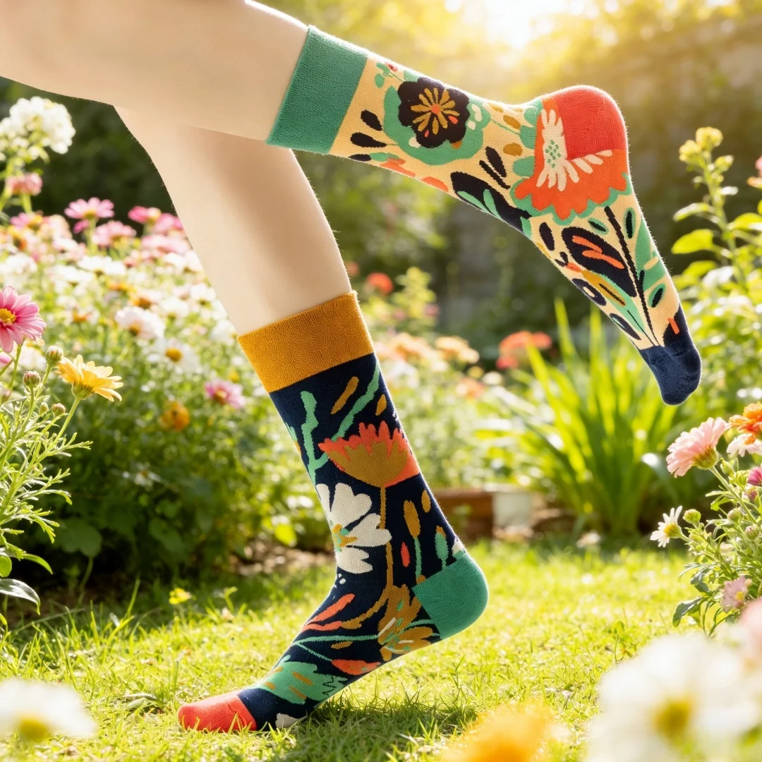 1 Paar mittelhohe Socken mit Retro-inspiriertem Blumenmuster, Ölgemälde-inspirierte Farbpalette, geeignet für alle Jahreszeiten.