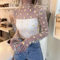 2023 Autumn Hollow Out Mesh T-Shirt Daisy Flower Pattern Crop Top sexy Transparent Long Sleeves Basic Tops For Women Lace Tops