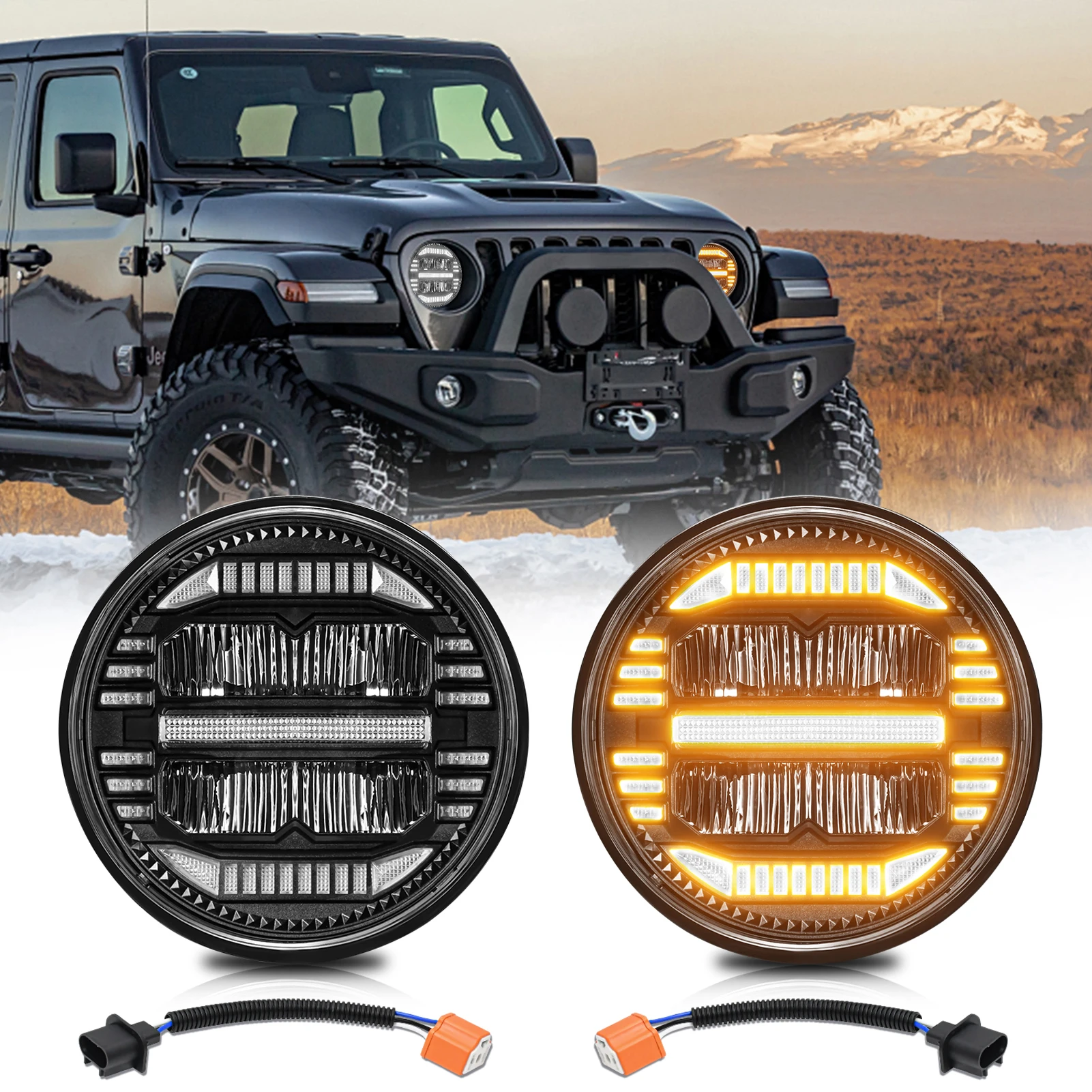 

7 Inch Car LED Headlights Waterproof Round Headlamps with White Hi/Low Beam DRL and Amber Turn Signal light Replacement for Jeep