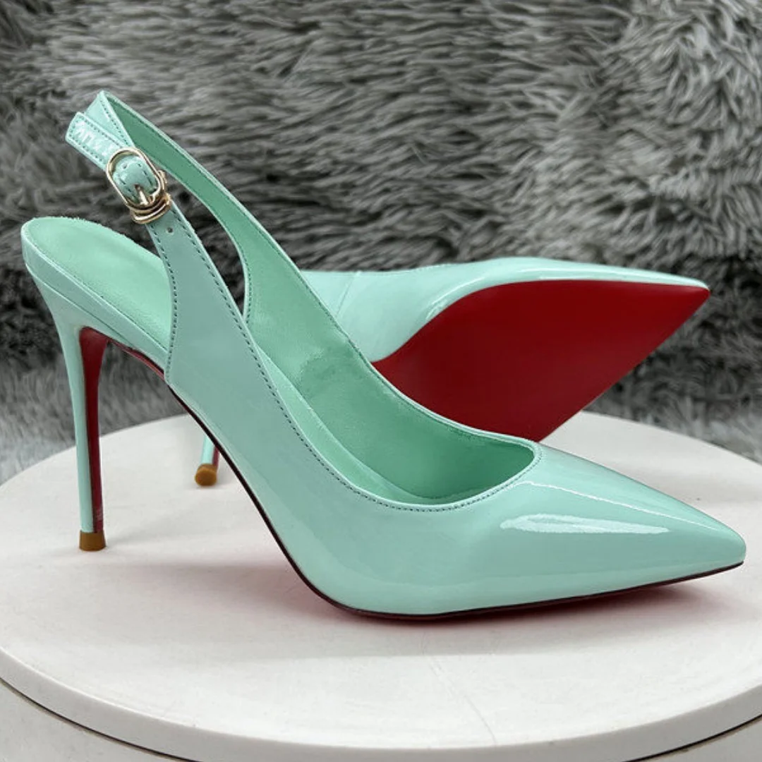 

Light Blue Leather Back Empty High Heels Pointed Toe Low-Cut Design Red Sole Women’s Single Shoes Buckle Strap 8 10 12cm Pumps