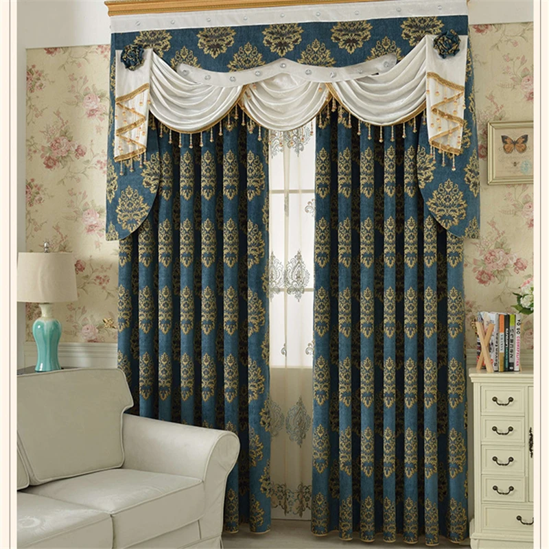 

Custom gorgeous American jacquard shading Chenille fabric fashion blue cloth blackout curtain tulle valance drape C1736