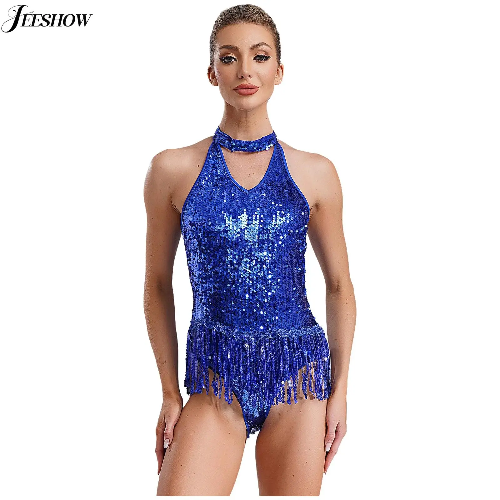レディース光沢のあるスパンコールタッセルラテンダンスボディスーツノースリーブ中空アウトバックレスフリンジレオタードサンバチャチャタンゴダンス衣装