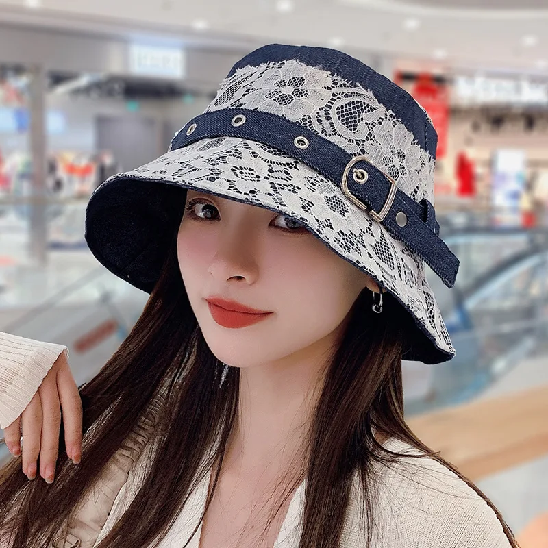 2022 Lace Cowboy Bucket Hat Spring Summer Wide Eaves Belt Buckle Denim Fisherman Hats For Women Shopping Trip Outing Visor Cap