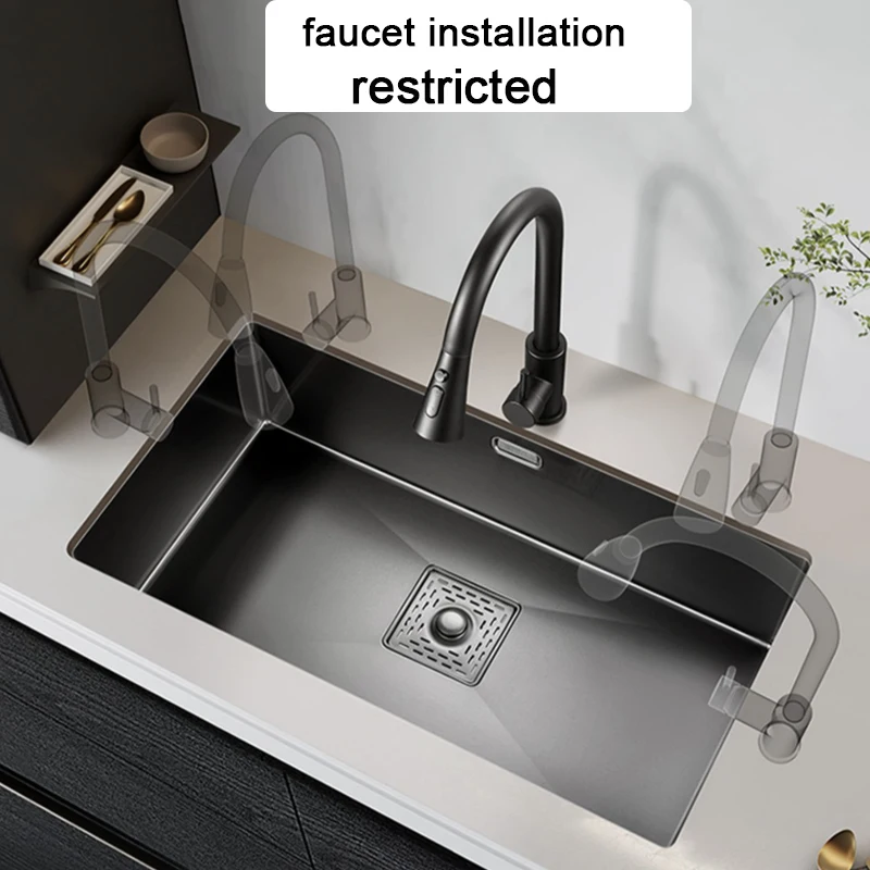 Black Kitchen Wash Basin Nano Sink Large Single-slot 304 Stainless Steel Sink Above Counter/Udermount Drain Faucet Accessories