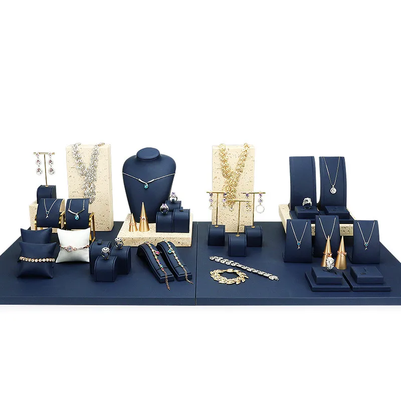 Blue Style Jewelry Display Set Pendant Ring Earring Necklace Display Props Sets Leather Gypsum Jewelry Bracelet Display Stand