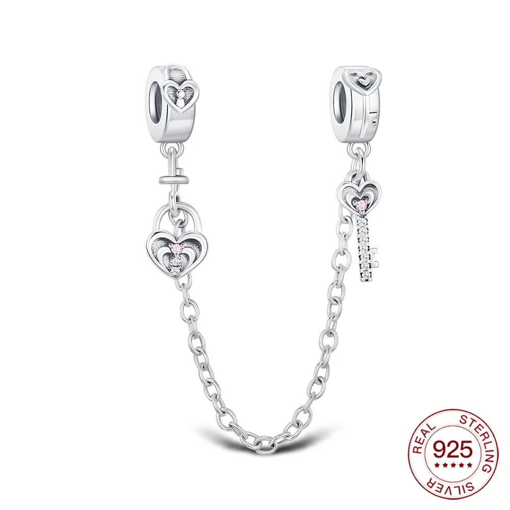 Charm-Anhänger aus 925er-Sterlingsilber, Herz und Schloss, Schlüssel, Sicherheitskette, DIY, Modeschmuck, Perlen, Valentinstag, Frau, Alltagskleidung, Geschenk