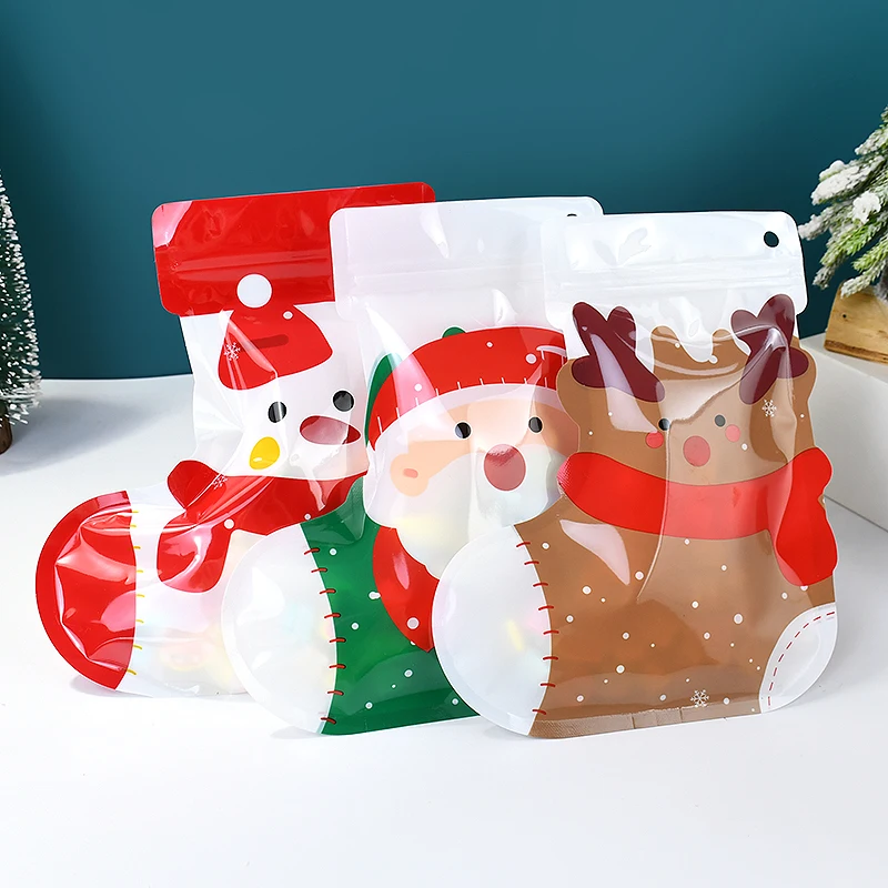 5pcs Christmas Socks Shape Candy Bags Cartoon Santa Snowmam Elk Ziplock Packaging Bags Christmas New Year Navidad Present Decor