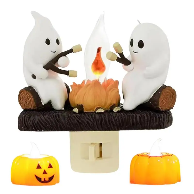 

Ghost Lights Halloween 2 Ghosts Roasting S'mores At Campfire 3D LED Small Electric Faux Campfire Night Light Halloween