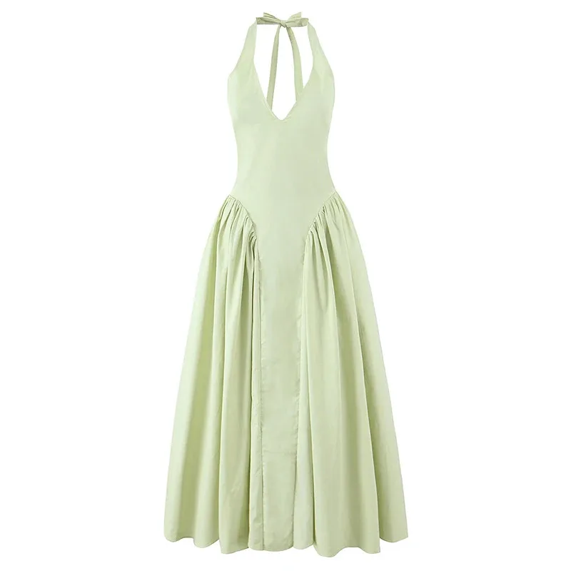 Bonny Abito sexy senza schienale verde elegante con scollo all'americana per le donne Vita bassa A-line Midi Abiti da sera estivi Abiti da sera in cotone