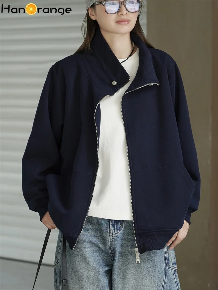 HanOrange 2026 Autumn/Winter Fashion Relaxation Stand Up Collar with Drawstring Sweatshirt Women Loose Coat Pink/Navy Blue