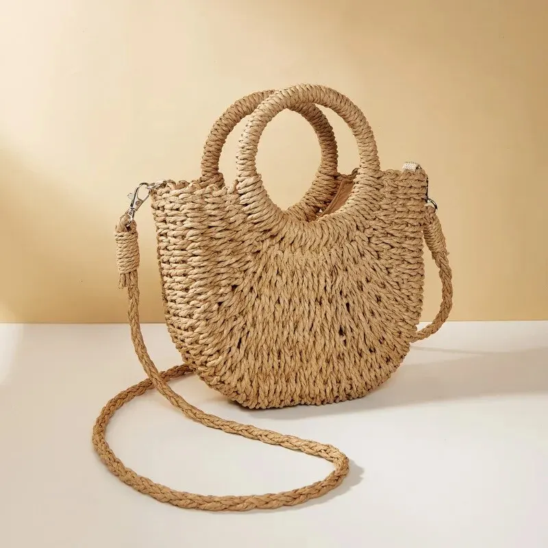 Handwoven Straw Rattan Half-Moon Praia Bolsa Grande Capacidade Mulheres Verão Oco Out Crossbody Bolsa De Ombro