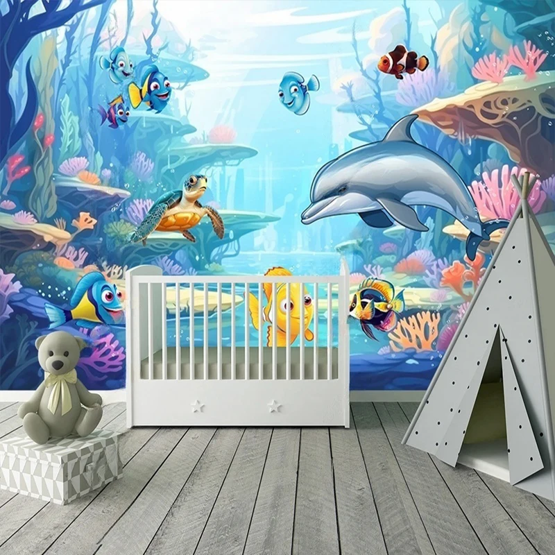 

Customized Mural Wallpaper Hand-Painted Cartoon Dolphin Coral Themed Design for Kids Room Nursery Decor, Playroom Wall Art