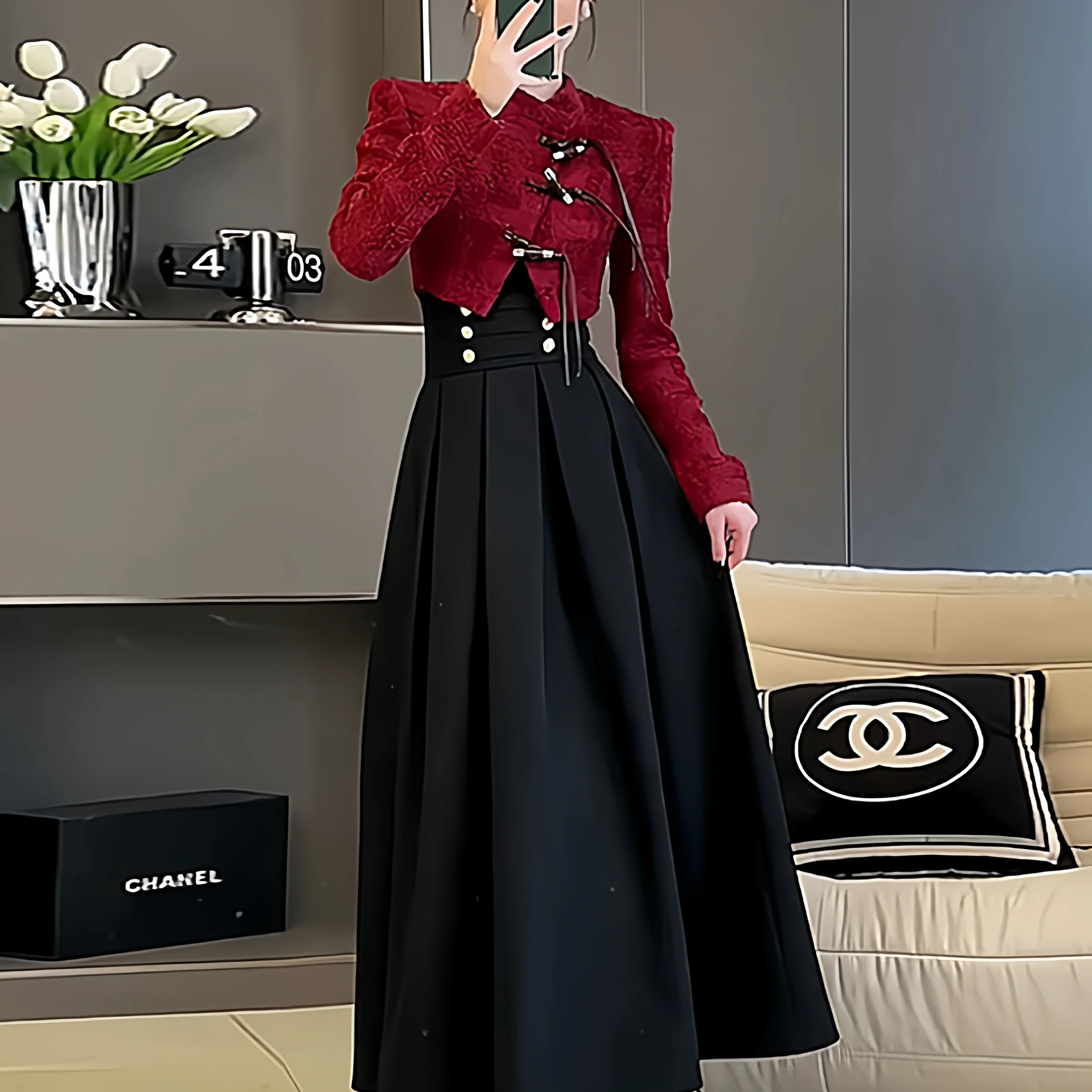 

Red A-Line Skirt And Top Set New Chinese Retro Sle Faionable Commute Sle Winter Autumn Spring Women's Outfit Set
