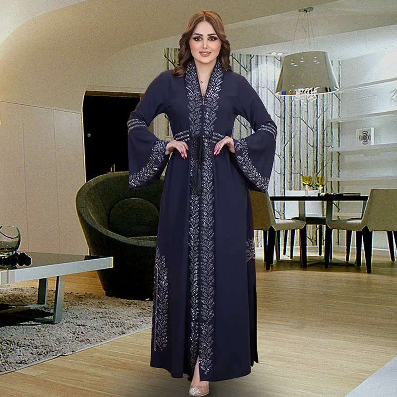 Dubai Plus-size Long Dress Arabia Frock Chiffon Open Abayas for Women Embroidery Cardigan Islamic Clothing V-neck Muslim Woman