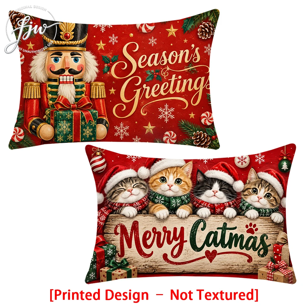 2pc Christmas Throw Pillow Covers Set of 2, Nutcracker & Cute Cats Holiday Decorative Cushion Cases for Home Sofa Couch