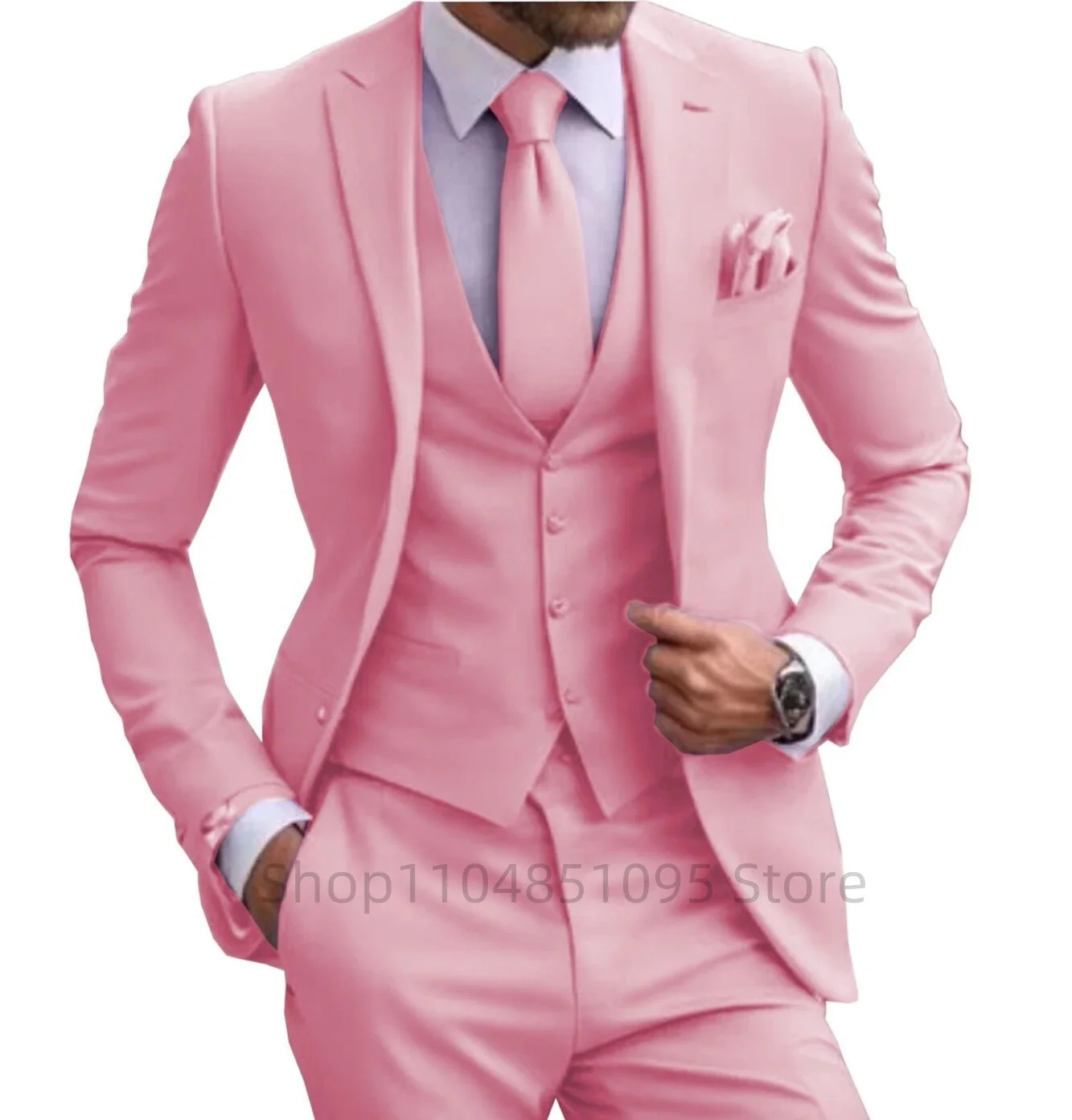 بدلة رسمية للرجال بدلة زفاف سادة بقصة ضيقة للأعمال مكونة من 3 قطع مجموعة كاملة من بدلات العريس والولائم سترة ذات طية صدر السترة وسراويل