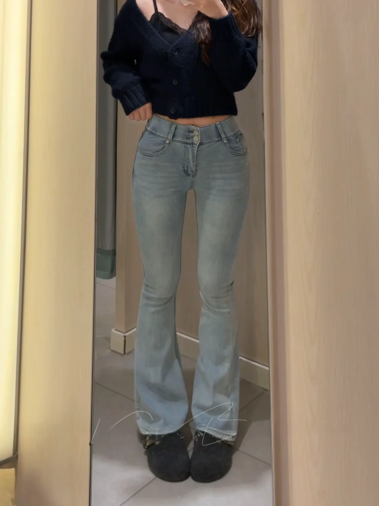 

High Waist Elastic Korean Style Women's Jeans Butt Lifting Flared Cotton Denim mid Stretch Double Buckle Summer Autumn Wear