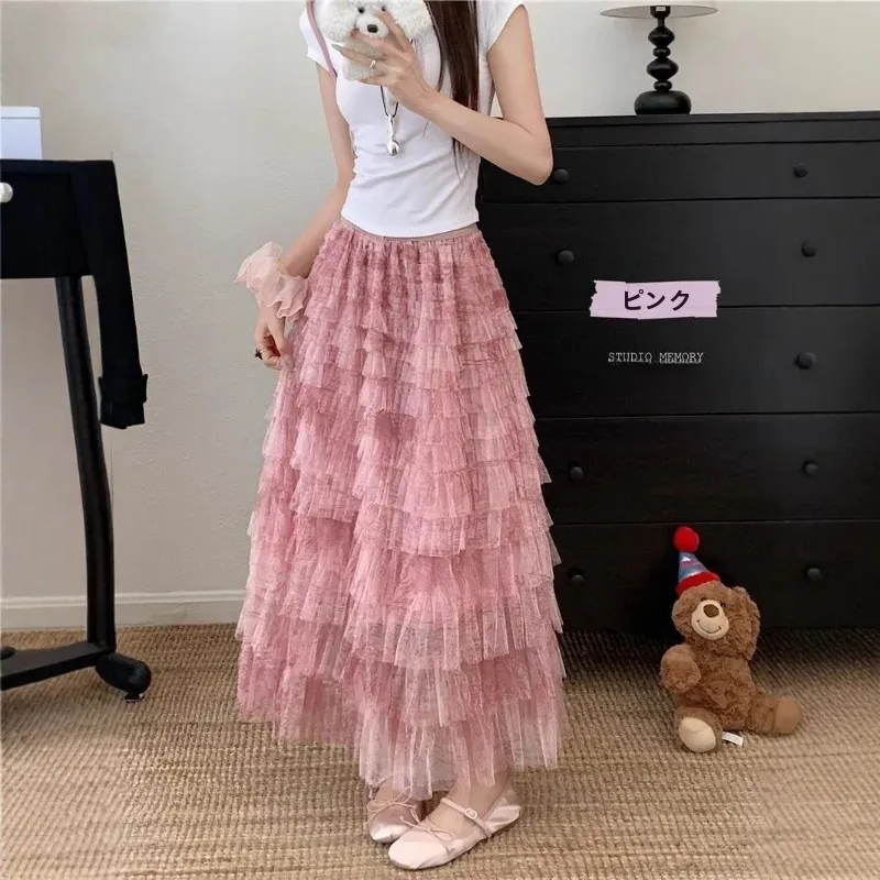 Early Autumn High Waist Layered Skirt Fairy Net Gown Puffy Cake Skirt Mid-Length Women's Casual Polyester Non-Stretch